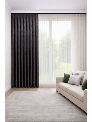 Perde Merkezi Star Siyah Silver Fon Perde Salon ve Misafir Odalarına Uygun 1/3 Sık Pileli Lüks Fon