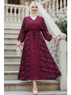 Desenli Fuşya Tesettür Elbise 21301F