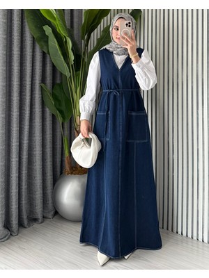 Molly Nelly Kadın Kot Lacivert Askılı Cepli Tulum Elbise