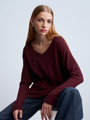 Dilvin 10844 V Yaka Kaşmir Karışımlı Kazak-Bordo