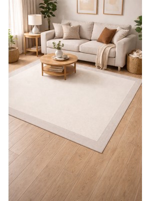 Kupon Halı Krem Gri Bordürlü Sisal Halı | Pamuk Dokuma Kaymaz Taban Yıkanabilir