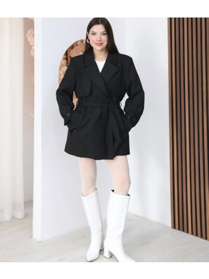 My Lunessa Alaçatı Stili Kadın Siyah Kruvaze Yaka Kuşak Bağlamalı Poliviskon Kumaş Trençkot