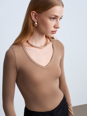 Dilvin 32310 V Yaka Kaşmir Bluz-Vizon