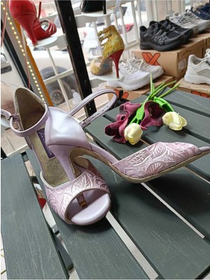 Lo Mejor Shoes Lila Yıldız Tozu Dokulu Tango, Dans ve Salon Ayakkabısı 9,5 cm 15 Pont Koni Model Topuk Kapalı