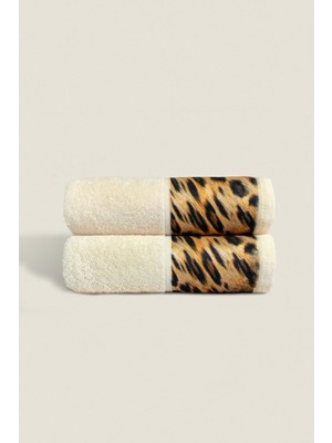 Ellaline 2'li Leopar Havlu Seti %100 Pamuk Sertifikalı, El / Yüz / Mutfak Havlusu 50X90CM - Krem