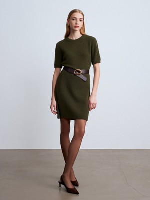 Dilvin 90257 Bisiklet Yaka Yün Karışımlı Triko Elbise-Haki M.