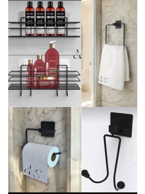 Ahlat Store Siyah 5'li Banyo Seti 2li Duş Rafı, Kare Havluluk, Wc Kağıtlık, Askılık