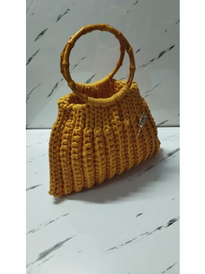 Vela Penye Elyapımı Örgülü Bambu Saplı Sarı El Çantası
