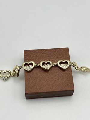 Badiva.co 14K Gold Taşlı Kalpli Bileklik (17 + 1.5 Cm)