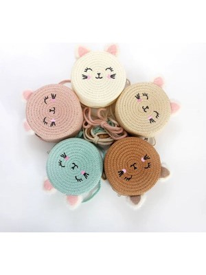 Butik Kız Çocuk Hasır Peluş Kulaklı Kedili Çanta