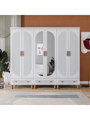 Velmo Barrel 6 Kapaklı Aynalı Gardırop (Beyaz)