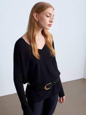 Dilvin 10844 V Yaka Kaşmir Karışımlı Kazak-Siyah