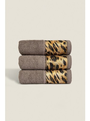 Ellaline 3'lü Leopar Havlu Seti %100 Pamuk Sertifikalı, El / Yüz / Mutfak Havlusu 50X90CM Kahverengi