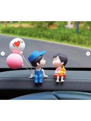 Milky Ada Toys Sevimli Karikatür Çift Balon Tutan Dekoratif Biblo Araç Panel Süsü Hediye Aşk Sevgililer Figürü 5 cm