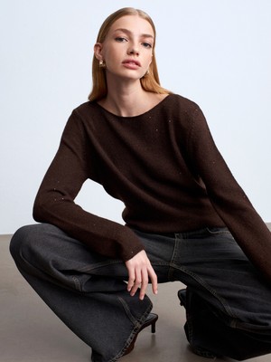 Dilvin 10836 Yün Karışımlı Parıltılı Kayık Yaka Kazak-Kahve