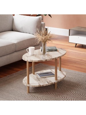 Hepta Collection Intergo-Orta Sehpa Oval Ahşap Ayaklı Iki Katlı Gazetelikli (Beyaz Mermer)