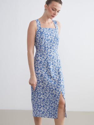 Lc Waikiki Yeni Sezon Kare Yaka Çiçekli Askılı Belden Oturtmalı Elbise