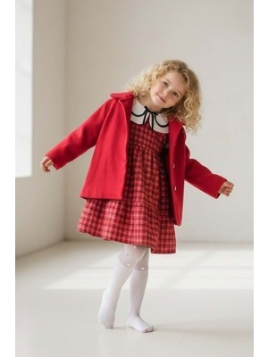 Mnk Baby & Kids Kaşe Ceketli Kız Çocuk Ekose Kumaş Nakış Yaka Elbise M00796