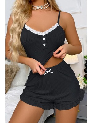 Zarvia Desenli Paçası Fırfırlı Düğme Detaylı Crop Şort Pijama Takımı