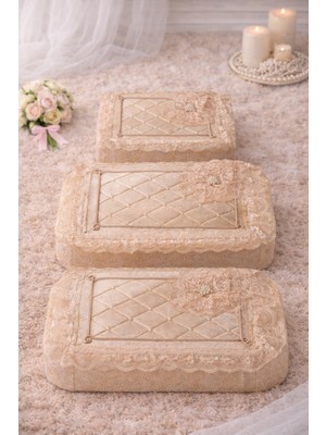 Hig Store 3'lü Broşlu Incili Fransız Güpür Çeyizlik Bohça Söz Nişan Gelin Damat Kadife Lüks Hurç Seti