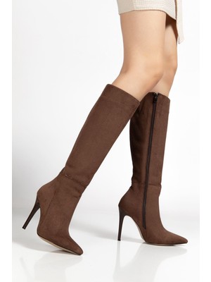 Budi LS-226 Kahve Süet Fermuarlı Lastikli Ince Yüksek Topuklu Kadın Çizme