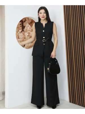 My Lunessa Kadın Tasarım Düğmeli Bağcıklı Yelek Pantolon Takım Siyah