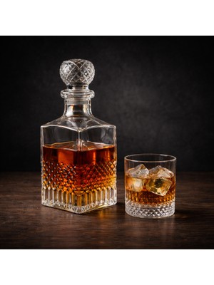 Zürih Collection El Yapımı Viski Seti , Viski Şişesi ve 6 Parça Viski Bardağı Set , Hediyelik Viski Seti ,  Kesme Cam Kapaklı Sürahi Karaf 6 Parça Kristal Bardak - Su Seti