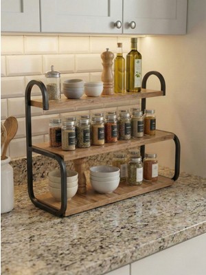 Boss Group Siyah Metal Ayaklı 3 Katlı Mutfak Rafı Tezgah Üstü Stand Baharatlık Raf Baharat Kavanoz Düzenleyici Suntalam