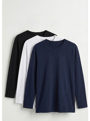 elemge %100 Pamuk 3'lü Erkek Süprem Uzun Kollu Basic T-Shirt Compact Penye Sporcu Tişört Body Siyah Lacivert Gri