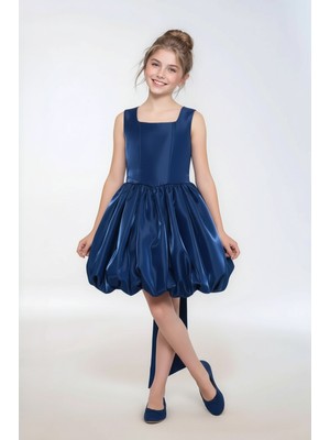 The Jojo Design Kız Çocuk Saten Kumaş Büzgülü Pileli Balon Etek Belden Fiyonklu Abiye Mezuniyet Özel Gün Elbise