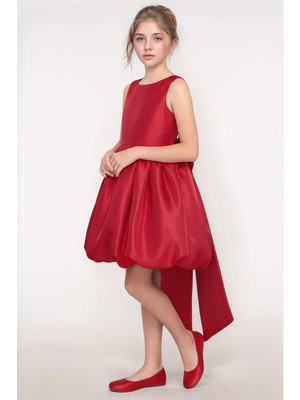 The Jojo Design Kız Çocuk Saten Kumaş Büzgülü Pileli Balon Etek Belden Fiyonklu Abiye Mezuniyet Özel Gün Elbise