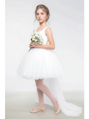 The Jojo Design Kız Çocuk Abiye Mezuniyet Balo Elbise Çıkarılabilir Tüllü Büzgülü Pileli Balon Etek Saten Kumaş