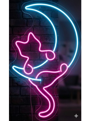 Neonled Sevimli Kedicik ve Ay Dekoratif Neon LED Figür