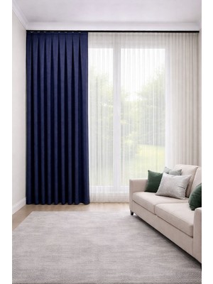 Perde Merkezi Balıksırtı Lacivert Silver Fon Perde Salon ve Misafir Odalarına Uygun 1/3 Sık Pileli Tek Kanat Lüks Modern Fon Perde