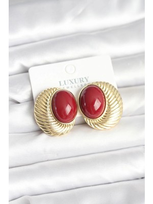 Najmaddin Pirinç Gold Renk Bordo Boncuklu Oval Vintage Kadın Küpe