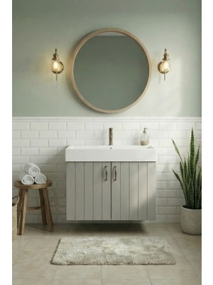 Banyo Dolabı-Ayaksız-2 Kapaklı-Lavabolu-Ahşap-Mat Vizon-Mdf 75 Cm-Aynalı