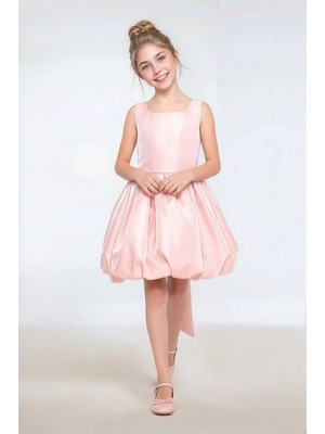 The Jojo Design Kız Çocuk Saten Kumaş Büzgülü Pileli Balon Etek Belden Fiyonklu Abiye Mezuniyet Özel Gün Elbise