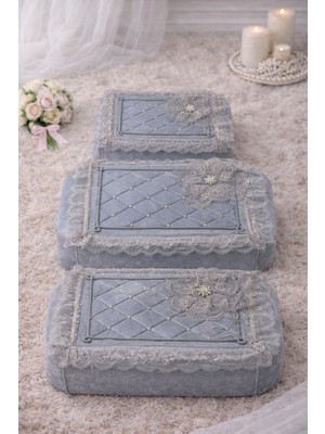 Hig Store 3'lü Broşlu Incili Fransız Güpür Çeyizlik Bohça Söz Nişan Gelin Damat Kadife Lüks Hurç Seti