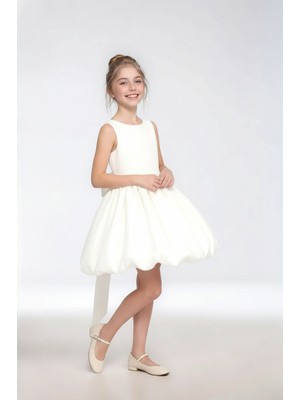 The Jojo Design Kız Çocuk Saten Kumaş Büzgülü Pileli Balon Etek Belden Fiyonklu Abiye Mezuniyet Özel Gün Elbise