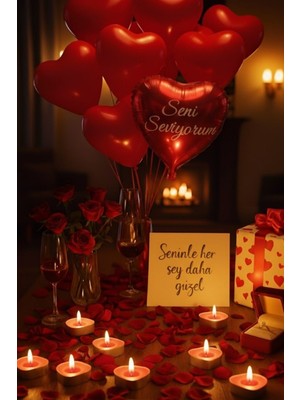 Baloncu Dede 10 Adet Kalpli Balon Seni Seviyorum Yazılı Balon 10 Kalpli Mum Kuru Gül Helyum Uyumlu Yıl Dönümü