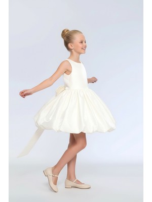 Kız Çocuk Kare Yaka Saten Kumaş Belden Fiyonklu Pileli Balon Etek Abiye Elbise 9-12 Yaş