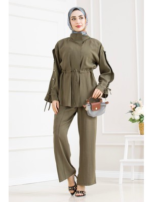 Sevitli Tünel Detaylı Kolu Düğmeli Ikili Tesettür Takım-Haki