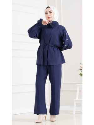 Sevitli Tünel Detaylı Kolu Düğmeli Ikili Tesettür Takım-Lacivert