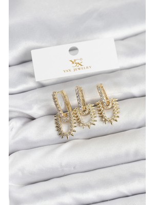 Najmaddin Pirinç Gold Renk Zirkon Taşlı Vintage Model Ysx Trio Küpe Seti