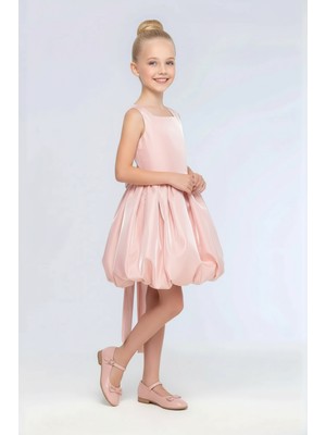 Kız Çocuk Kare Yaka Saten Kumaş Belden Fiyonklu Pileli Balon Etek Abiye Elbise 9-12 Yaş