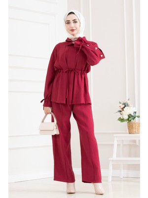Sevitli Tünel Detaylı Kolu Düğmeli Ikili Tesettür Takım-Kırmızı