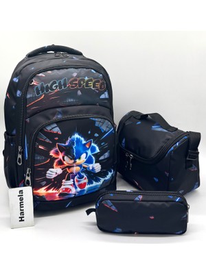 Harmela Erkek Çocuk Ilk Okul Çantası 3'lü Set Ilkokul Çantası Siyah Karakter Desenli Takım