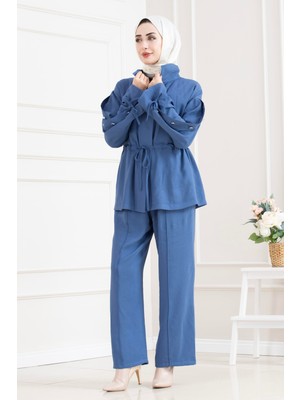 Sevitli Tünel Detaylı Kolu Düğmeli Ikili Tesettür Takım-Mavi