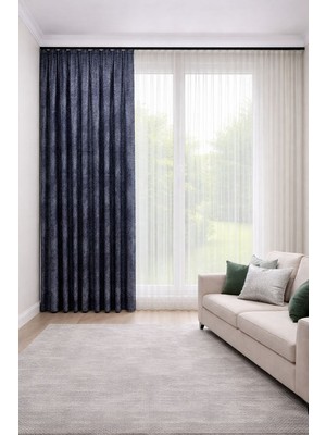 Perde Merkezi Viyana Lacivert Silver Fon Perde Salon ve Misafir Odalarına Uygun 1/3 Sık Pileli Tek Kanat Lüks Modern Fon Perde