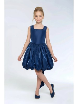 Kız Çocuk Kare Yaka Saten Kumaş Belden Fiyonklu Pileli Balon Etek Abiye Elbise 9-12 Yaş